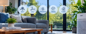 Common indoor air pollutants including mold, VOCs, formaldehyde, dust, allergens, and radon in a modern home
