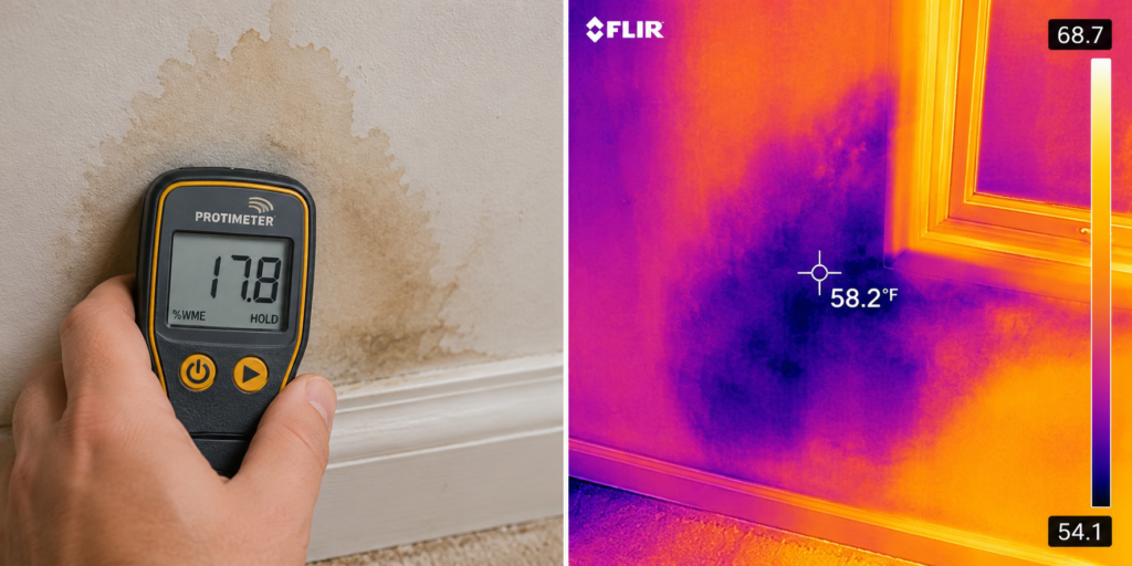 Moisture meter and thermal imaging used to identify and document concealed moisture intrusion within interior wall assemblies following a water damage event.