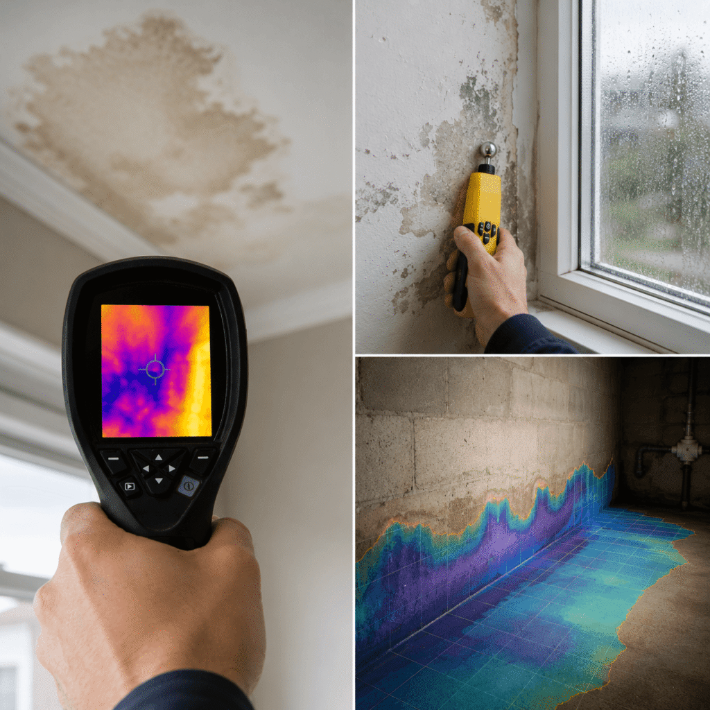 Thermal imaging, moisture meter testing, and water intrusion documentation used during insurance-related moisture assessments and building damage evaluations.