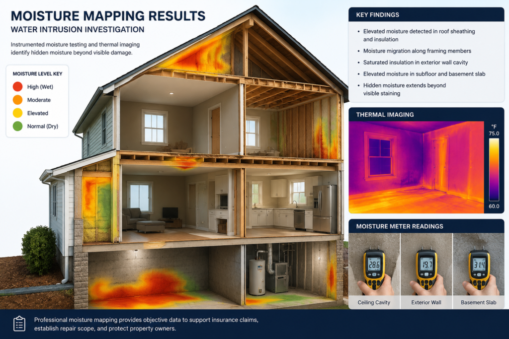 Cross-sectional building diagram illustrating moisture mapping results, thermal imaging findings, and hidden water intrusion within walls, ceilings, and foundation areas.