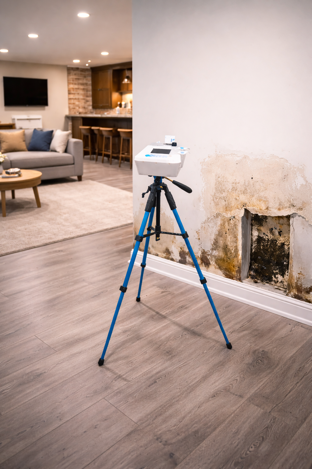 Professional air mold testing equipment used to collect airborne mold samples inside a Massachusetts residential property