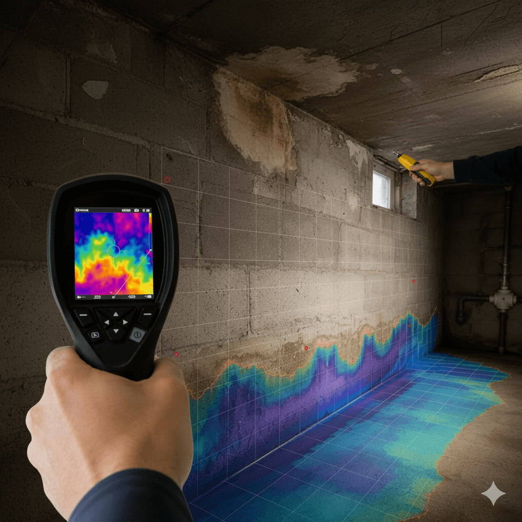 Thermal imaging and moisture meter testing used to document water intrusion and elevated moisture levels within a basement wall during a professional moisture mapping survey.