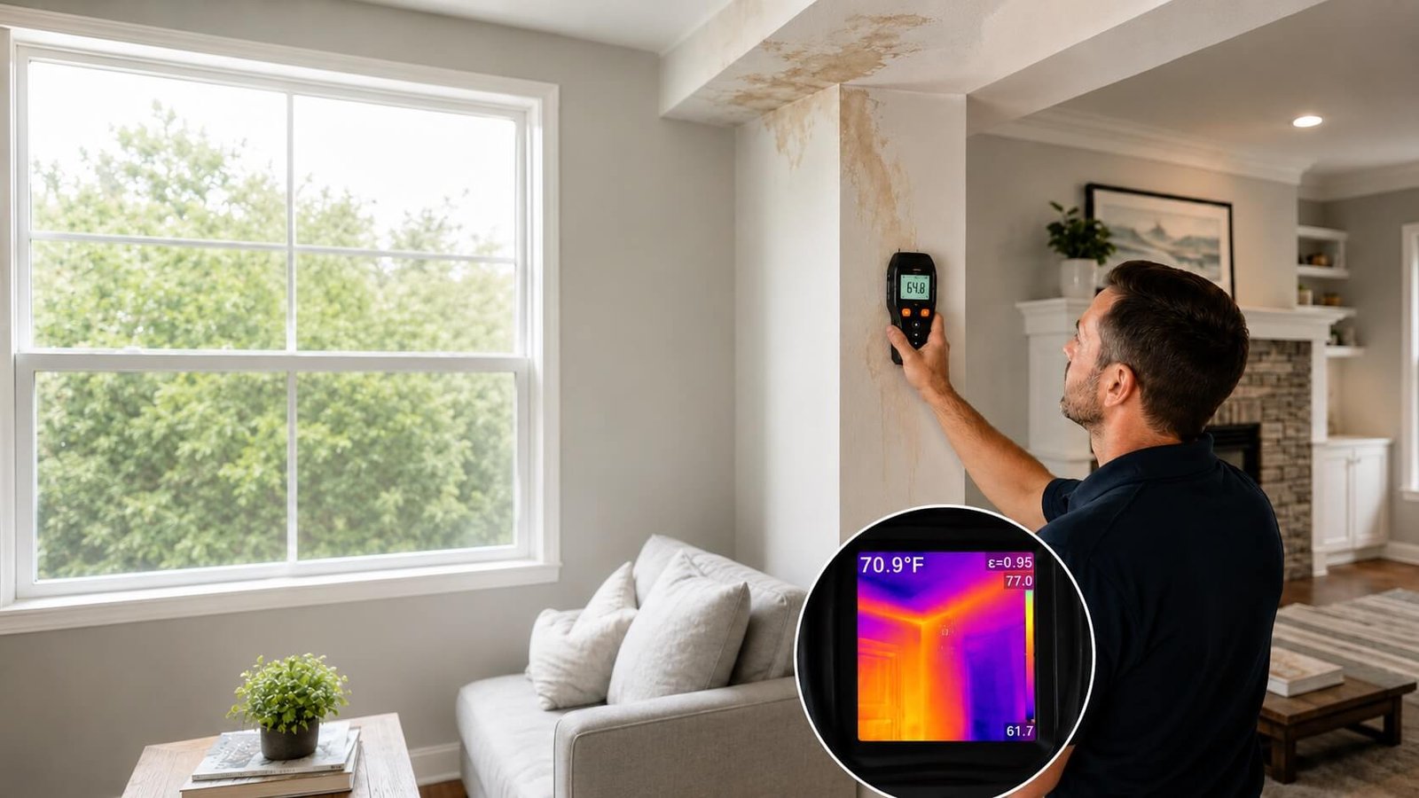 Mold inspector evaluating residential wall conditions with moisture and thermal imaging equipment