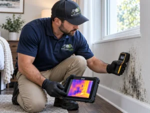 Certified mold inspector using a moisture meter and thermal imaging camera to investigate suspected mold and concealed moisture in a Lexington, MA home.