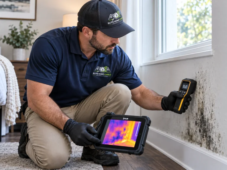 Inspector using a moisture meter during a mold inspection in Somerville, MA