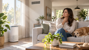 Woman sitting in a bright living room with a dog, visible airborne dust in sunlight, and an air purifier nearby