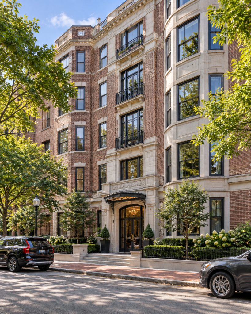 Boston condominium building with historic brick and stone facade, bay windows, balconies, and tree-lined urban street.