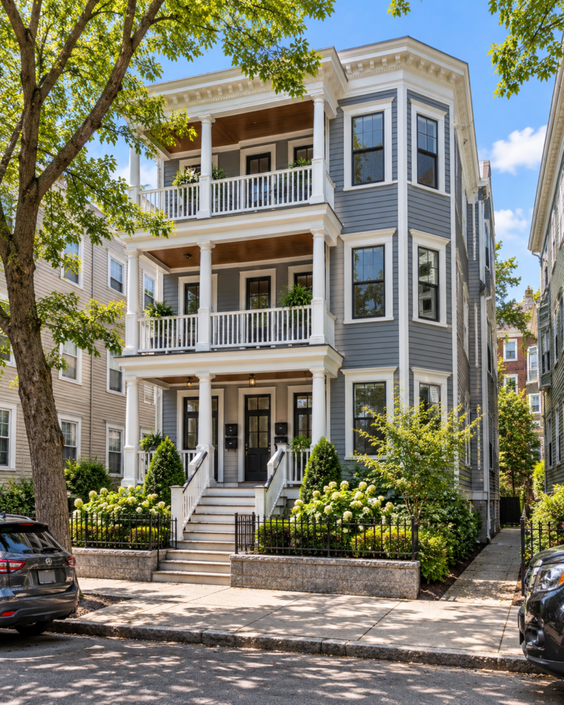 Boston triple-decker multifamily home with three porches, bay windows, landscaped front yard, and tree-lined city street.