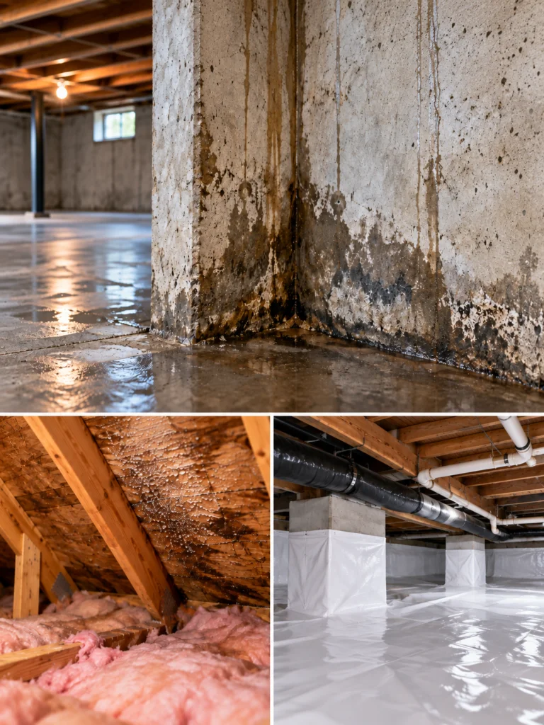 Examples of basement foundation moisture, attic roof condensation, and encapsulated crawlspace conditions relevant to mold inspections in Melrose, MA.