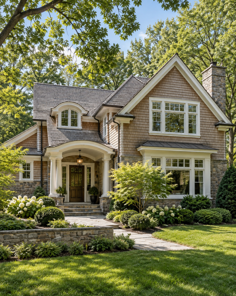 Craftsman-style Lincoln MA home exterior with stone accents and mature landscaping