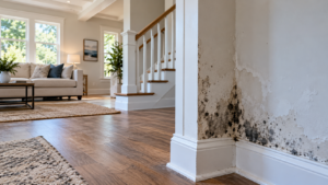 Hidden mold growth along a wall and baseboard inside a home