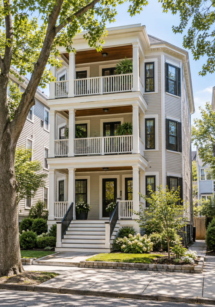 Tall three-story residential home in Somerville, MA with stacked porches, light siding, black window trim, and mature trees