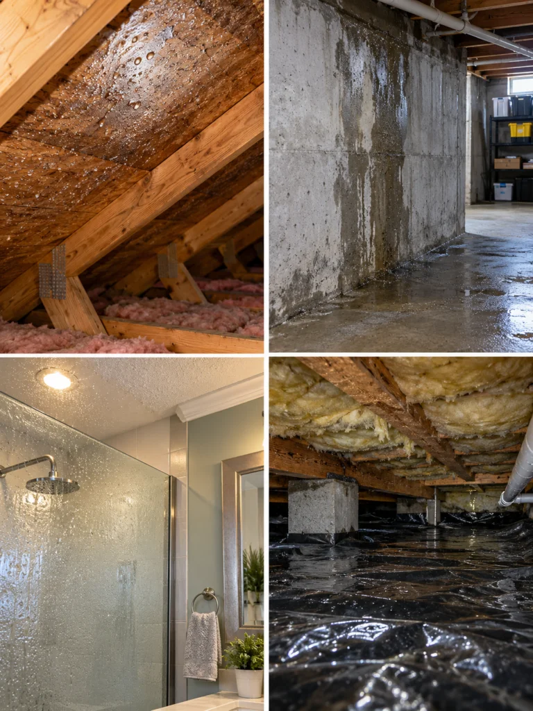 Examples of attic condensation, basement water intrusion, bathroom humidity, and crawlspace moisture relevant to Winchester, MA mold inspections.