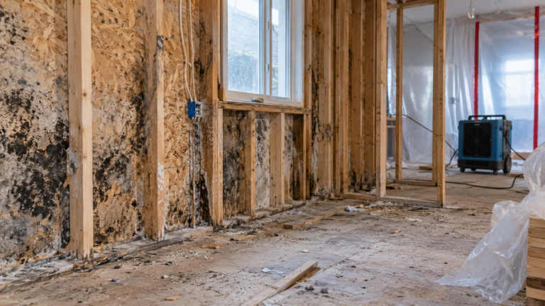Room with exposed wall framing, visible mold contamination, debris on the floor, and containment in place during a failed post-remediation verification inspection.