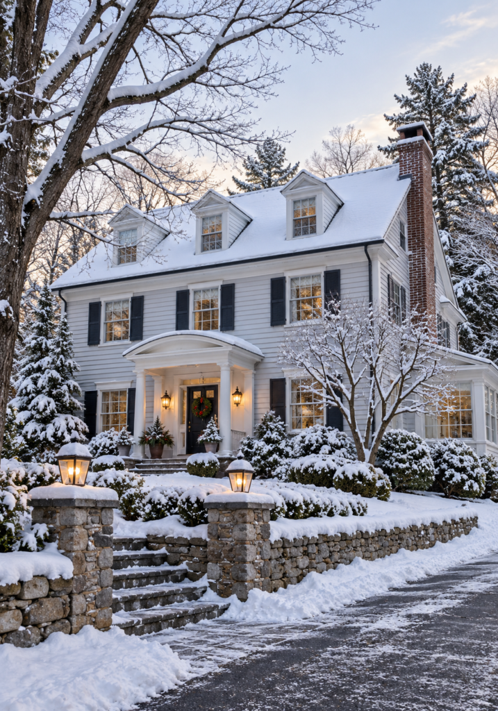 Snow-covered Newton MA Colonial home exterior with mature trees and stone landscaping