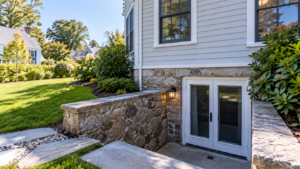 Massachusetts home with basement walkout entrance and stone foundation
