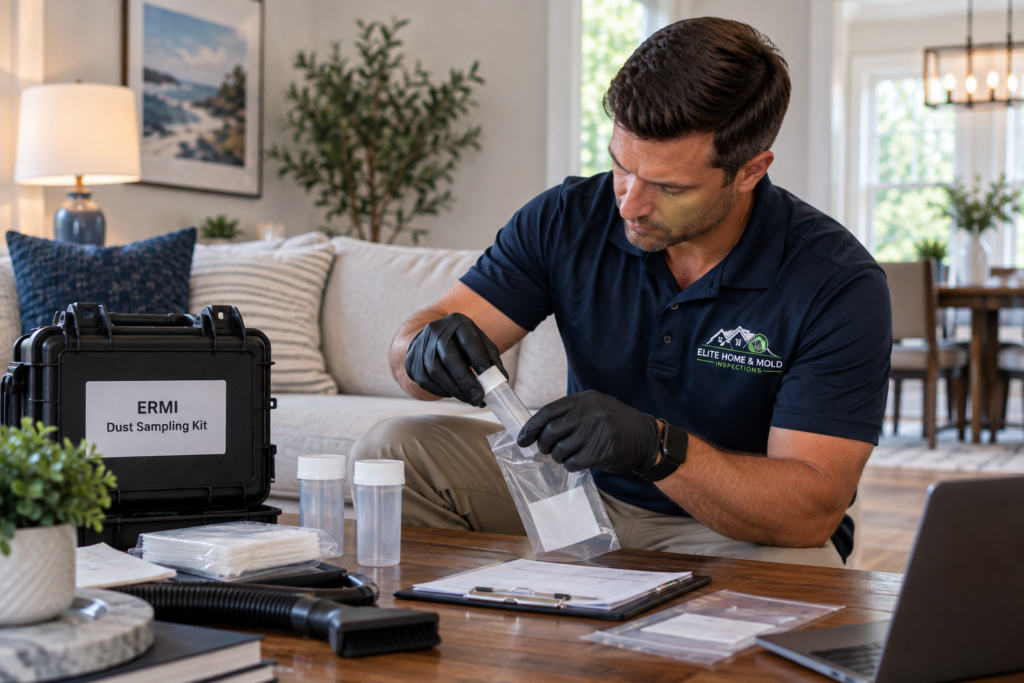 Professional mold inspector preparing an ERMI dust sample for laboratory analysis in a Massachusetts home.