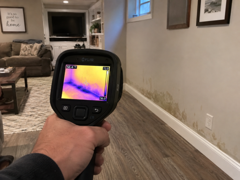 Inspector using a thermal camera to evaluate moisture intrusion in a finished basement wall in Massachusetts.