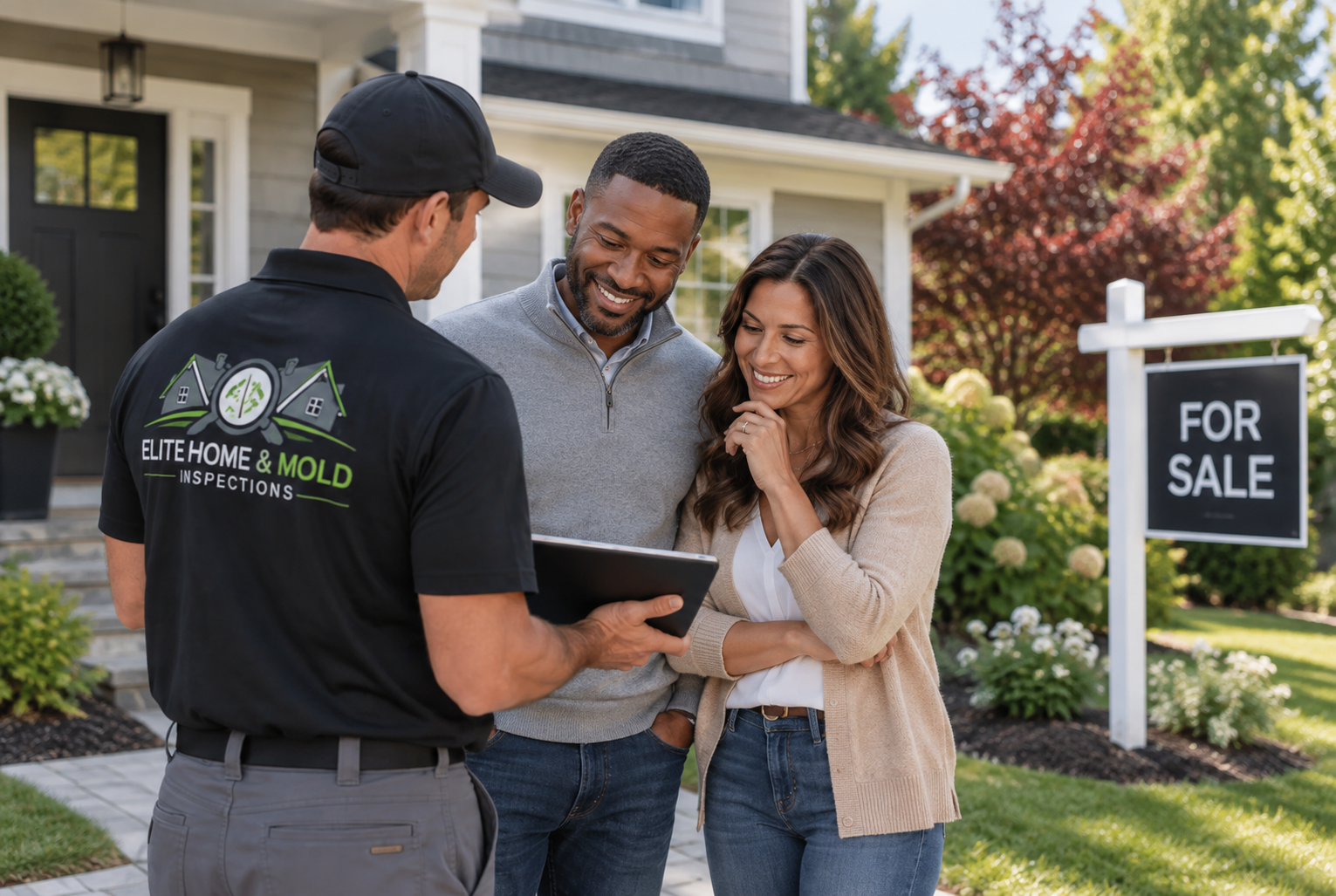 Elite home inspector working with buyers concerned about mold, moisture and indoor environmental conditions