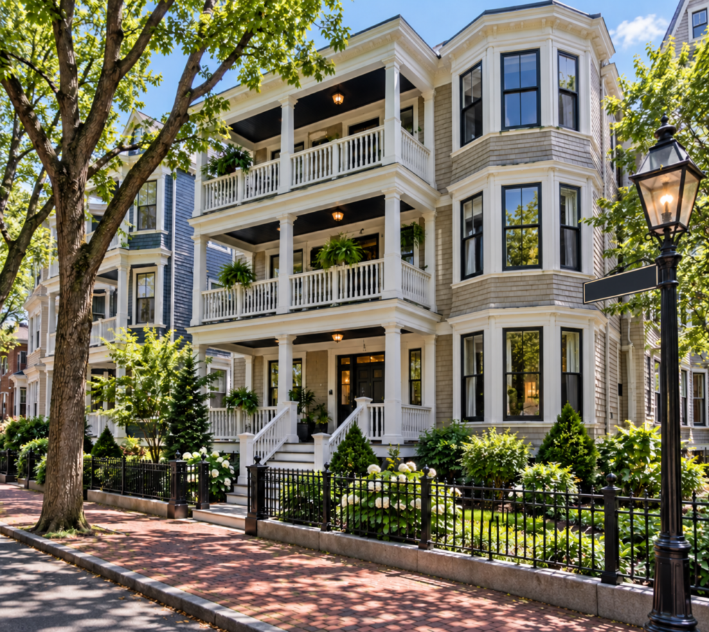 Boston triple-decker multifamily home with stacked porches, bay windows, landscaped front yard, and a tree-lined city street.