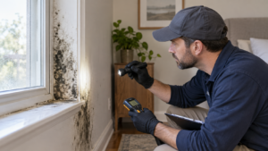 Mold inspector evaluating suspected black mold growth around a window with moisture meter and flashlight