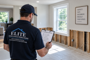 Post-remediation verification inspection inside a partially renovated room after mold remediation