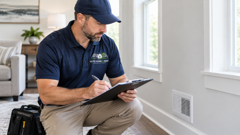 Elite Home & Mold Inspections inspector documenting property conditions during independent post-remediation verification and mold clearance inspection.