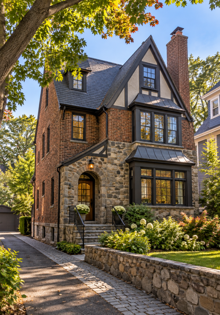 Tudor-style home in Somerville, MA with brick and stone exterior, steep gabled roof, dark trim, and mature landscaping
