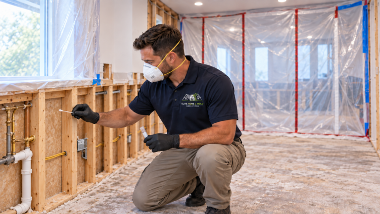 Elite Home & Mold Inspections inspector wearing gloves and an N95 mask swabbing clean exposed wall framing in a gutted kitchen under containment during post-remediation verification.