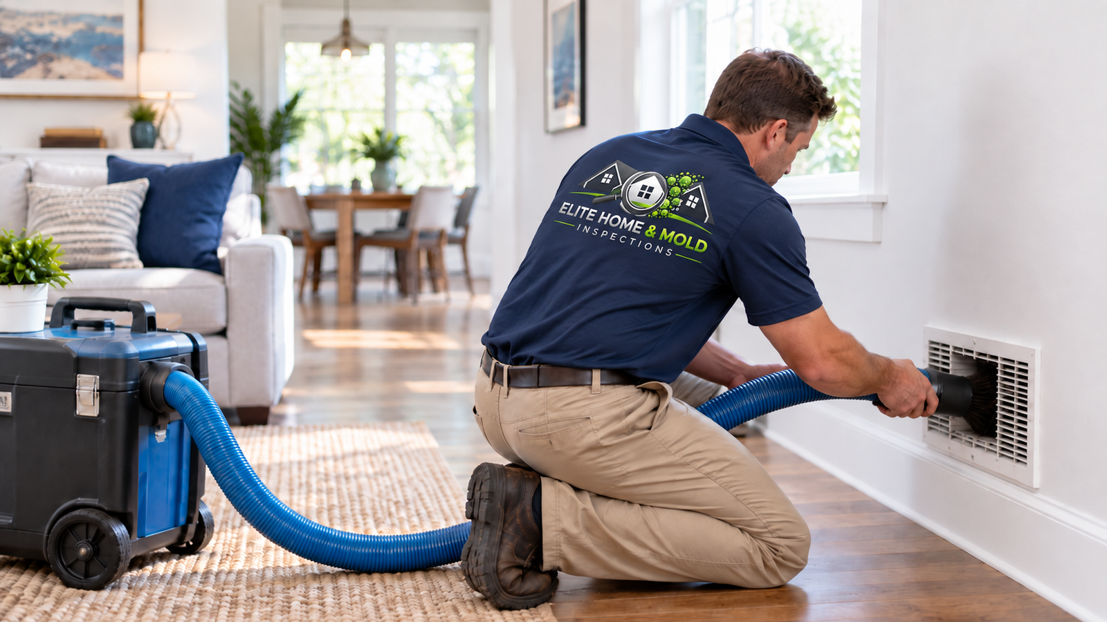 Professional air duct cleaning service being performed inside a residential property