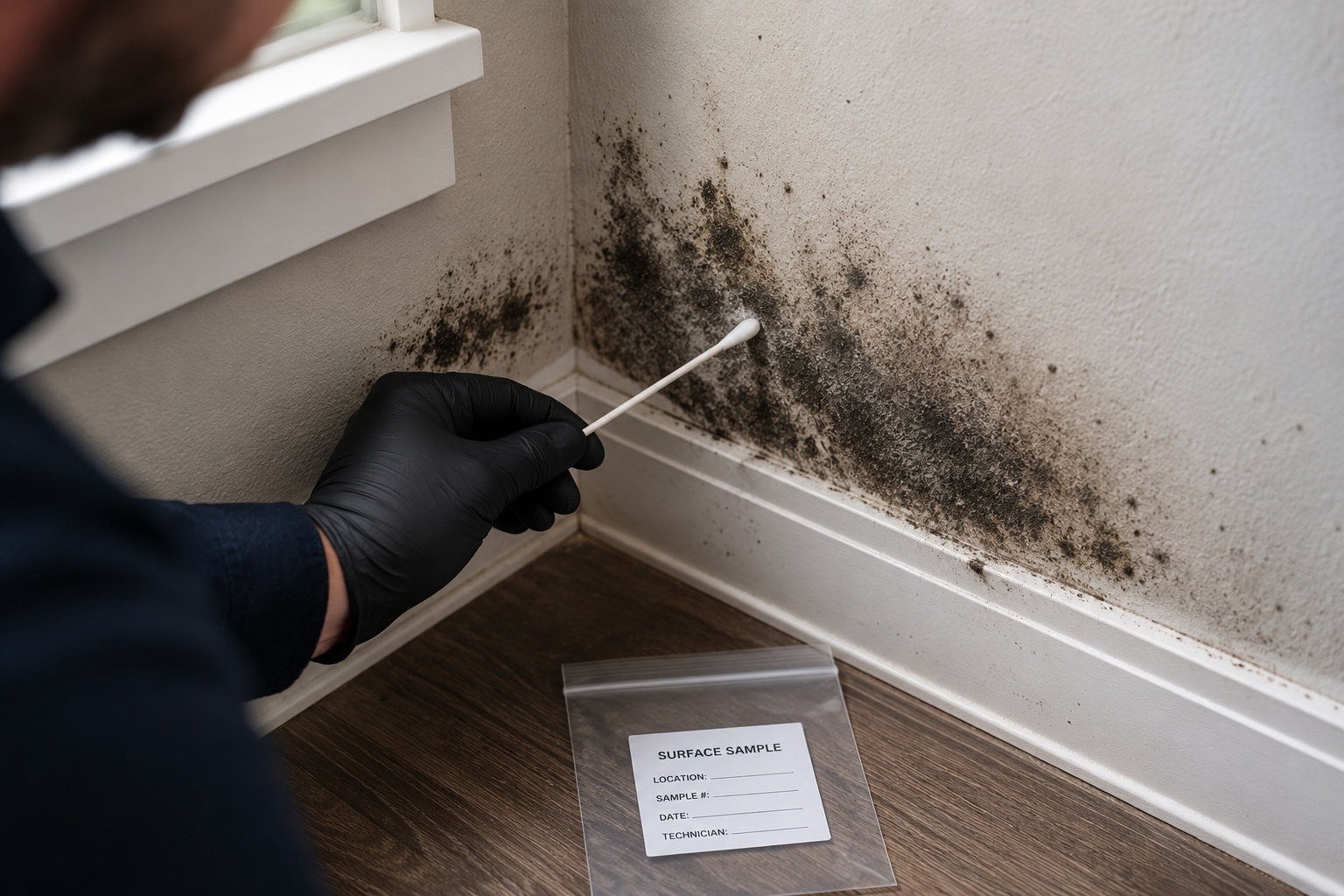 Professional surface mold testing sample collected from suspected mold growth in a Massachusetts home