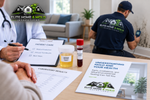 Doctor reviewing medical test results while an Elite Home & Mold Inspections inspector evaluates visible mold in a home