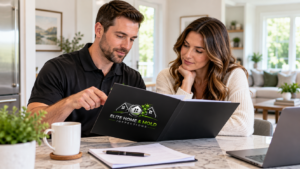 Mold inspection consultation with homeowner reviewing professional documentation from Elite Home & Mold Inspections