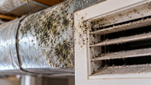 Mold growth and dust buildup on HVAC ductwork and an air vent during an indoor mold inspection