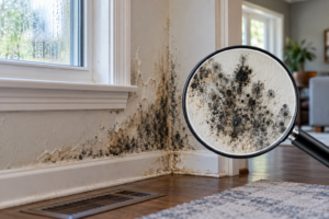 Signs of black mold and moisture damage on an interior wall near a window and floor vent