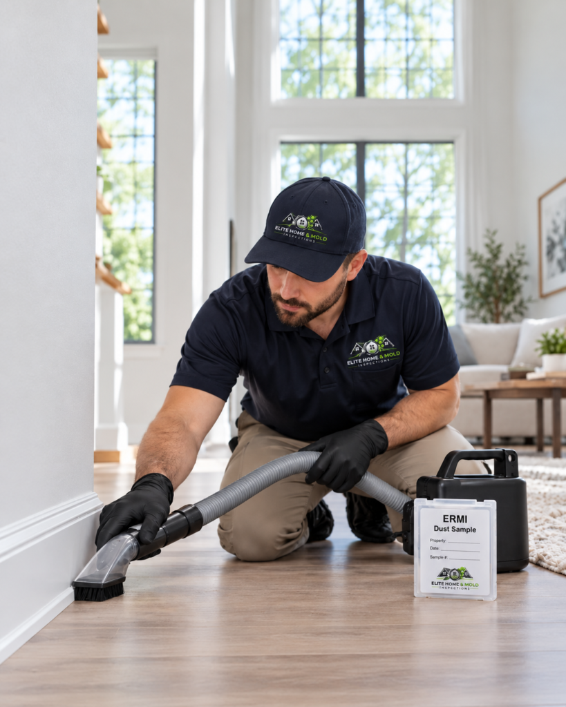 ERMI dust sampling being performed along a baseboard inside a home during professional mold testing.