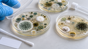 DIY mold test kit petri dishes showing multiple mold colonies during home mold testing
