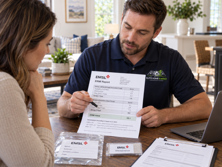 Elite Home & Mold Inspections inspector reviewing an EMSL ERMI mold testing laboratory report with a homeowner in Massachusetts.
