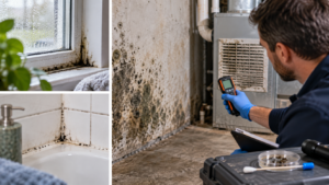 Mold inspector evaluating visible mold growth in a basement with moisture damage near windows, walls, and bathroom surfaces