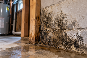 Curvularia mold growth on a damp basement wall and wood framing near water intrusion