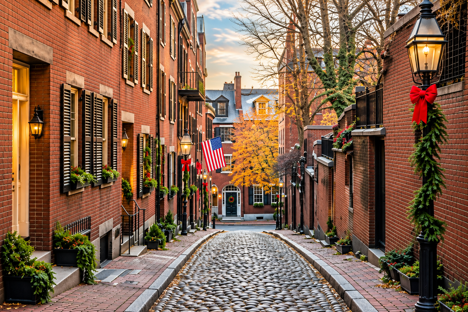 Historic Massachusetts residential neighborhood featuring traditional brick homes