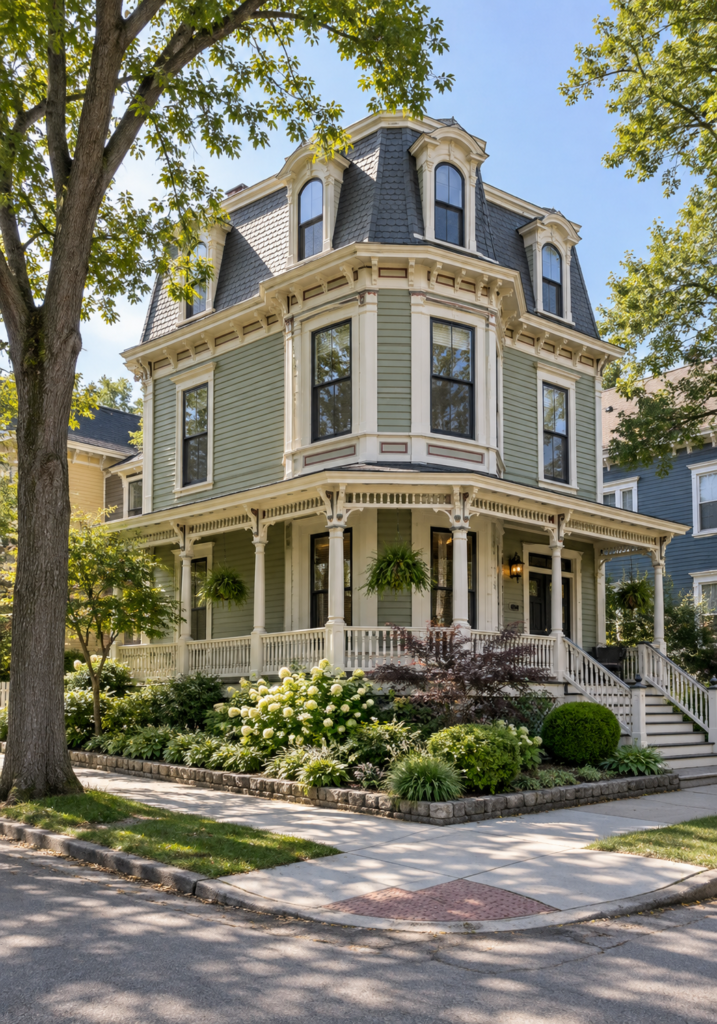 Historic Victorian home in Somerville, MA with a mansard roof, wraparound porch, detailed trim, and mature landscaping