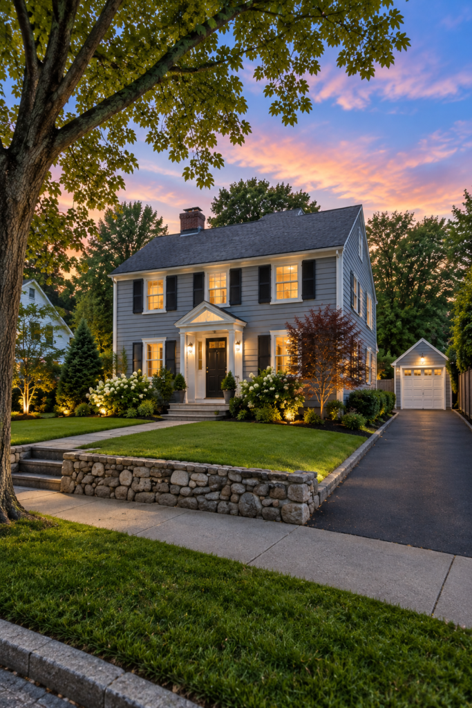 Exterior of a colonial-style home in Waltham, MA at dusk with landscaped grounds, stone walls, and a detached garage.