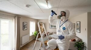 Asbestos inspector collecting a ceiling material sample in a home