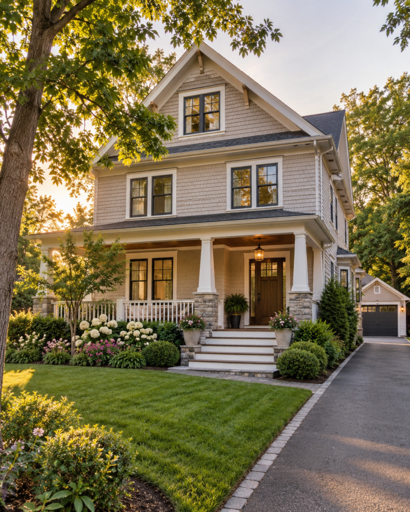 Craftsman-style home in Waltham, MA with a covered front porch, landscaped yard, mature trees, and summer greenery.
