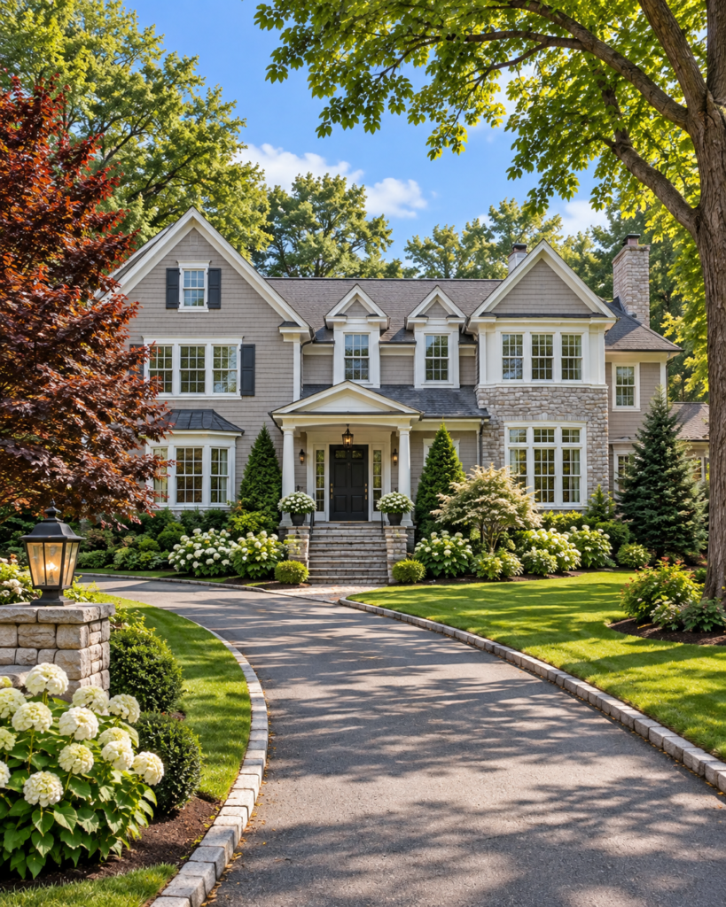 Lincoln MA home exterior with mature trees, landscaped grounds, and curved driveway