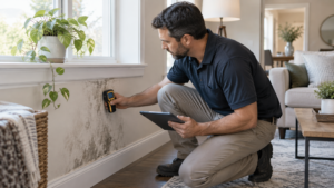 Mold inspector checking moisture levels on a wall with suspected mold growth inside a home
