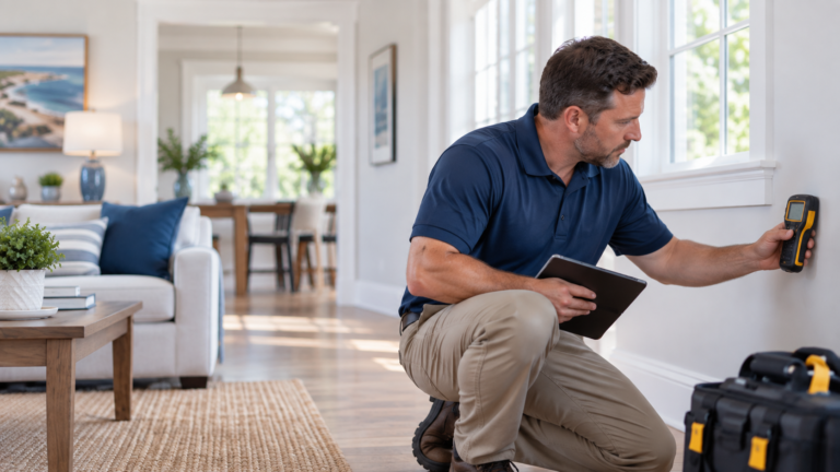 Inspector evaluating moisture conditions inside a home in Massachusetts