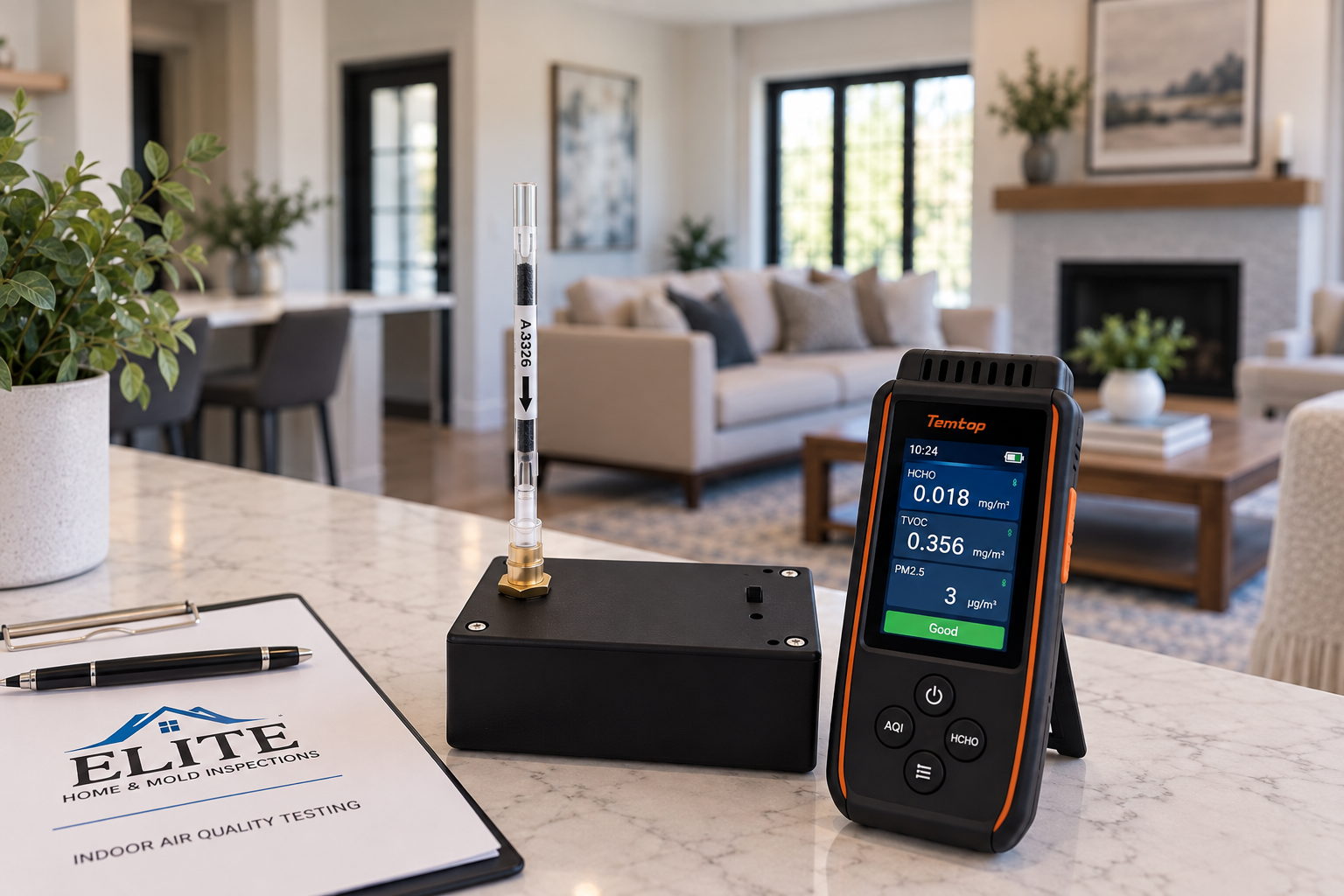 Modern home interior with materials that may contribute to VOC and formaldehyde emissions