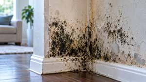 Dark mold growth and moisture damage spreading across an interior wall and baseboard inside a home